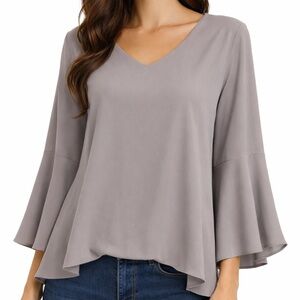 Abollria Gray Asymmetrical Flare Bell Long Sleeve Feminine V Neck Blouse